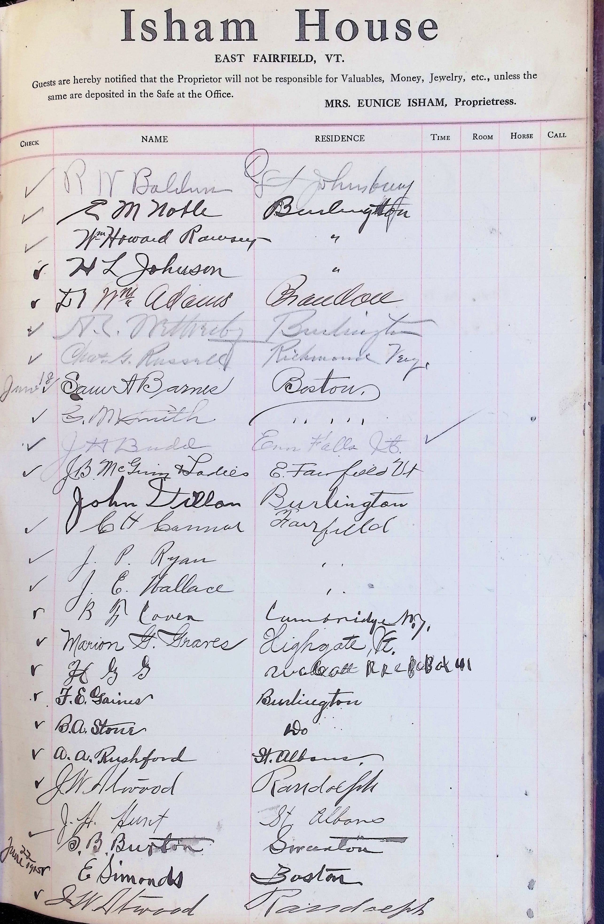 Isham Hotel register Vol. 4, Page 276