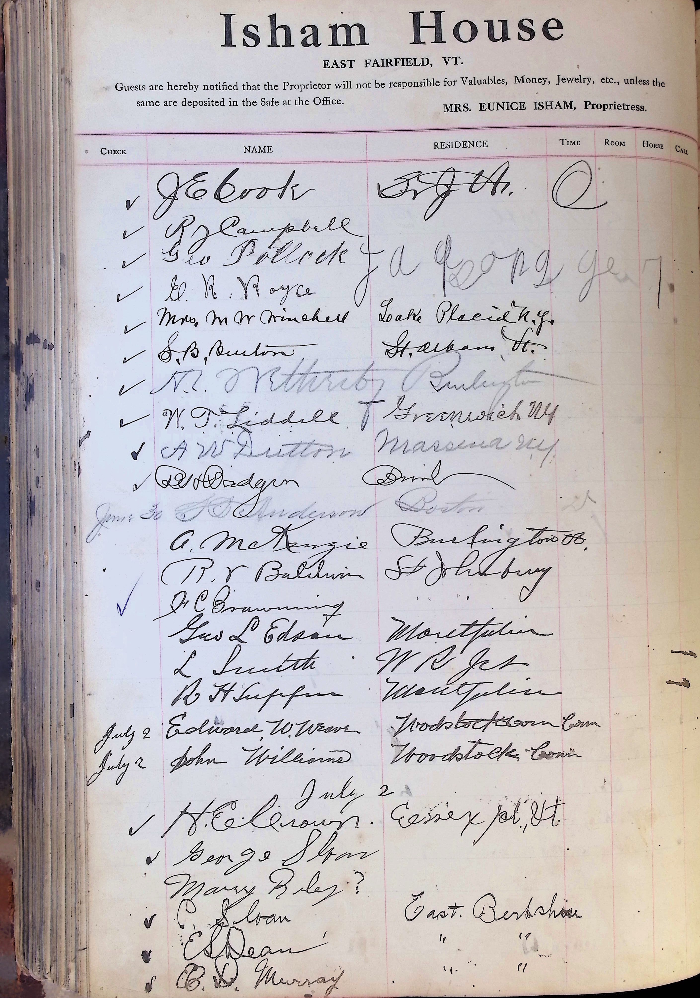 Isham Hotel register Vol. 4, Page 279