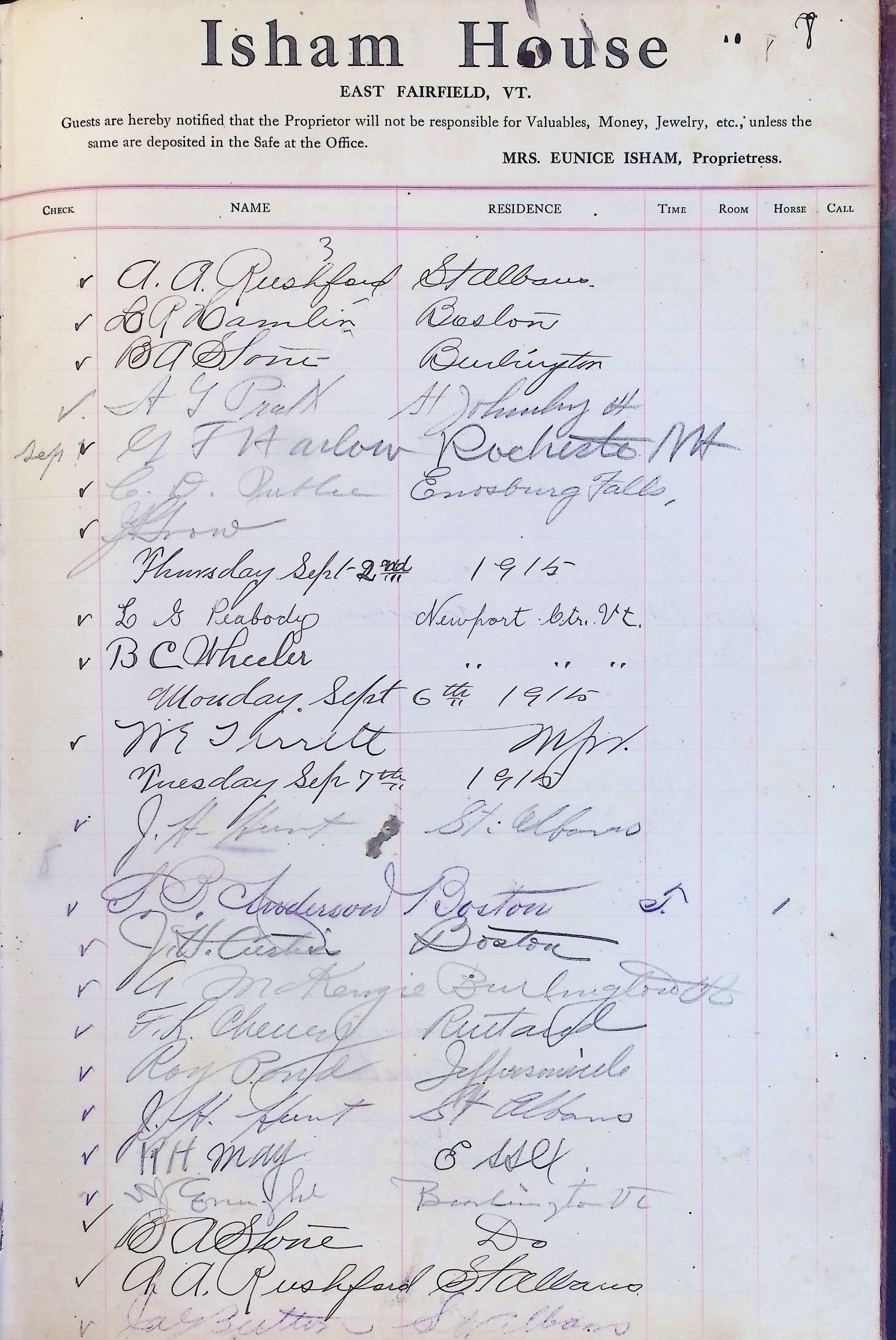 Isham Hotel register Vol. 4, Page 284