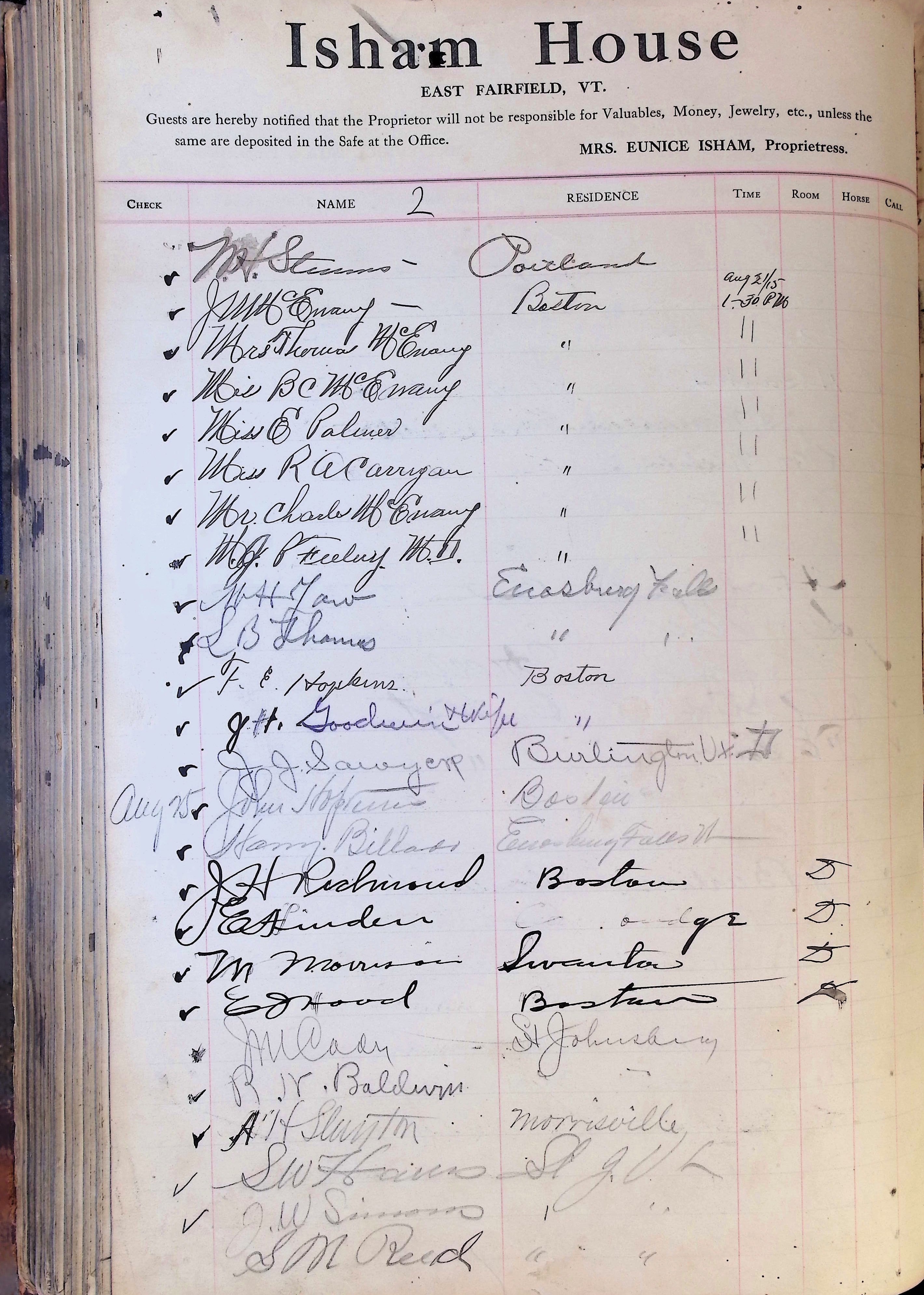 Isham Hotel register Vol. 4, Page 285