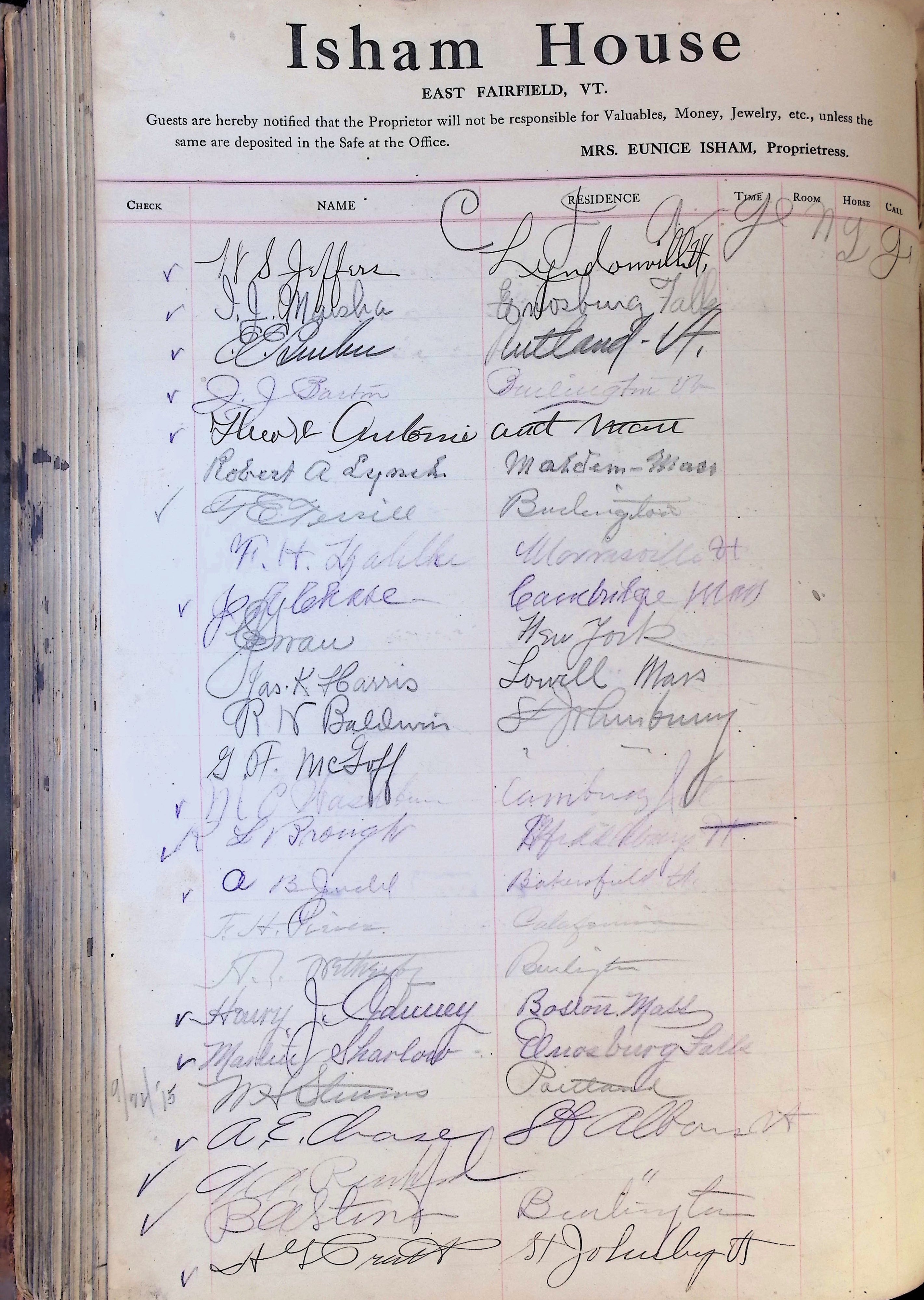 Isham Hotel register Vol. 4, Page 287