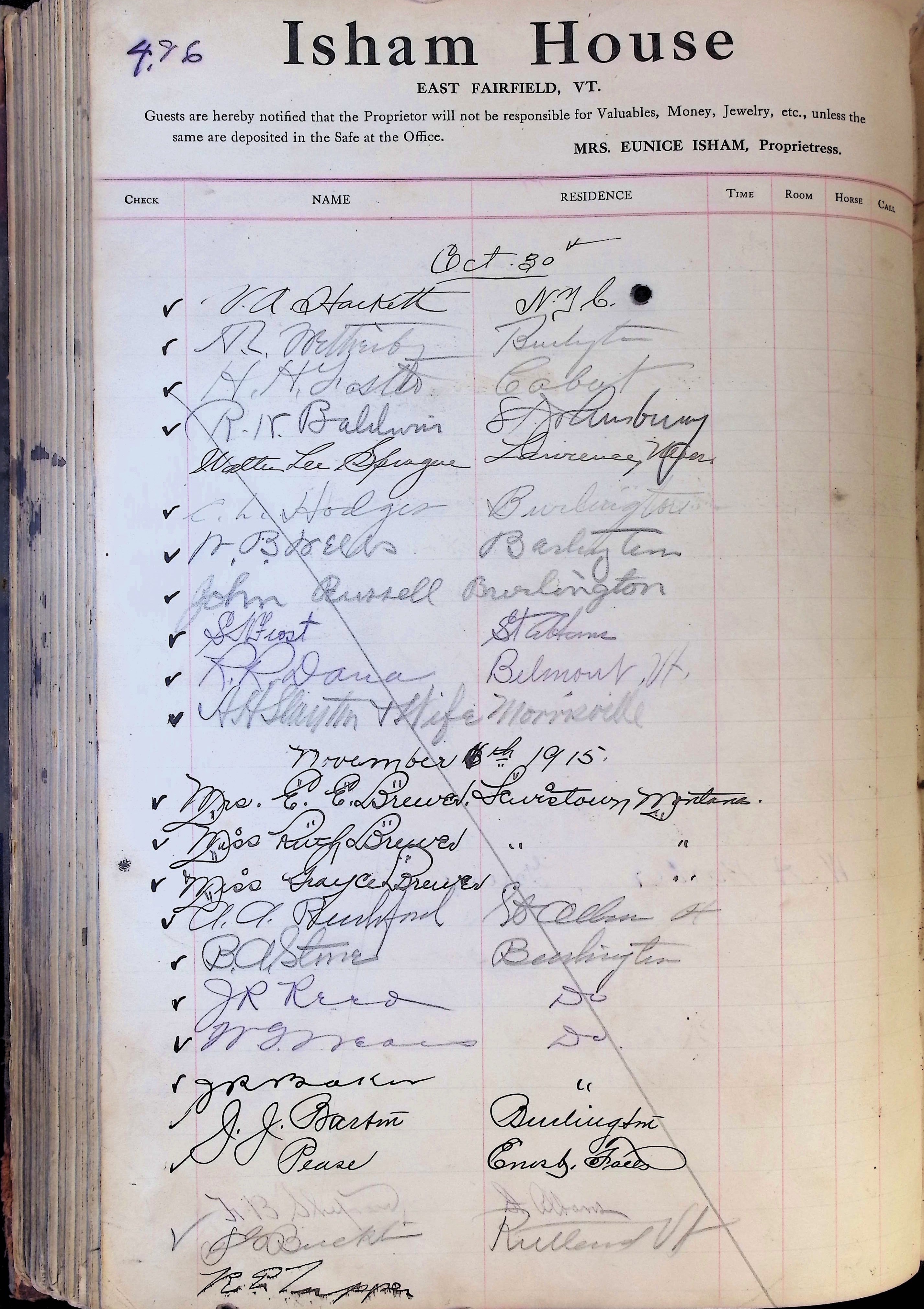 Isham Hotel register Vol. 4, Page 291